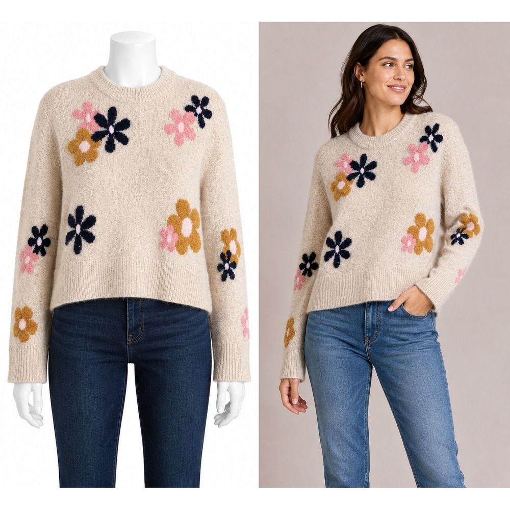 Rails Anise Jewel Floral Sweater Women Small Tan Wool Blend Crew Neck Pullover